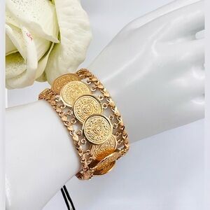 18k Rose Gold Plated Arabic Coins Linked Bracelet, Middle Eastern Chain,
